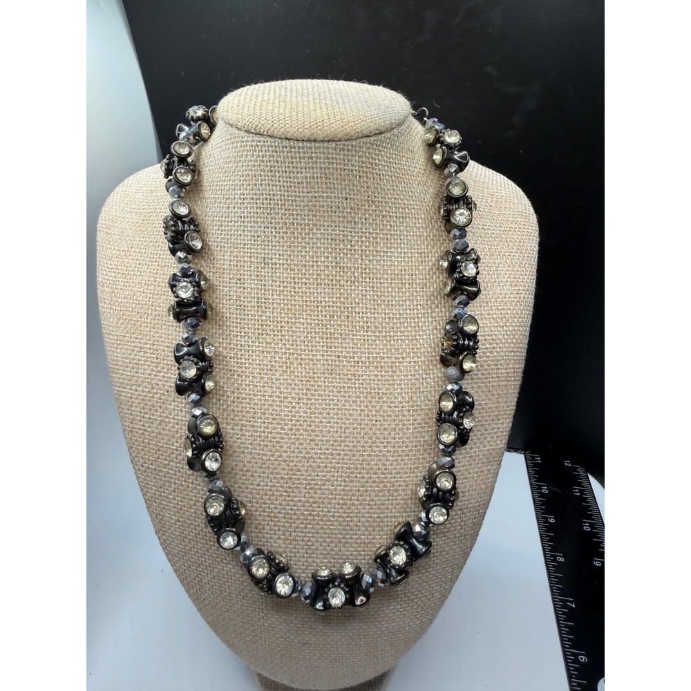 Gunmetal Rhinestone Floral Cluster Statement Necklace Grey Beaded 18-21 Inch